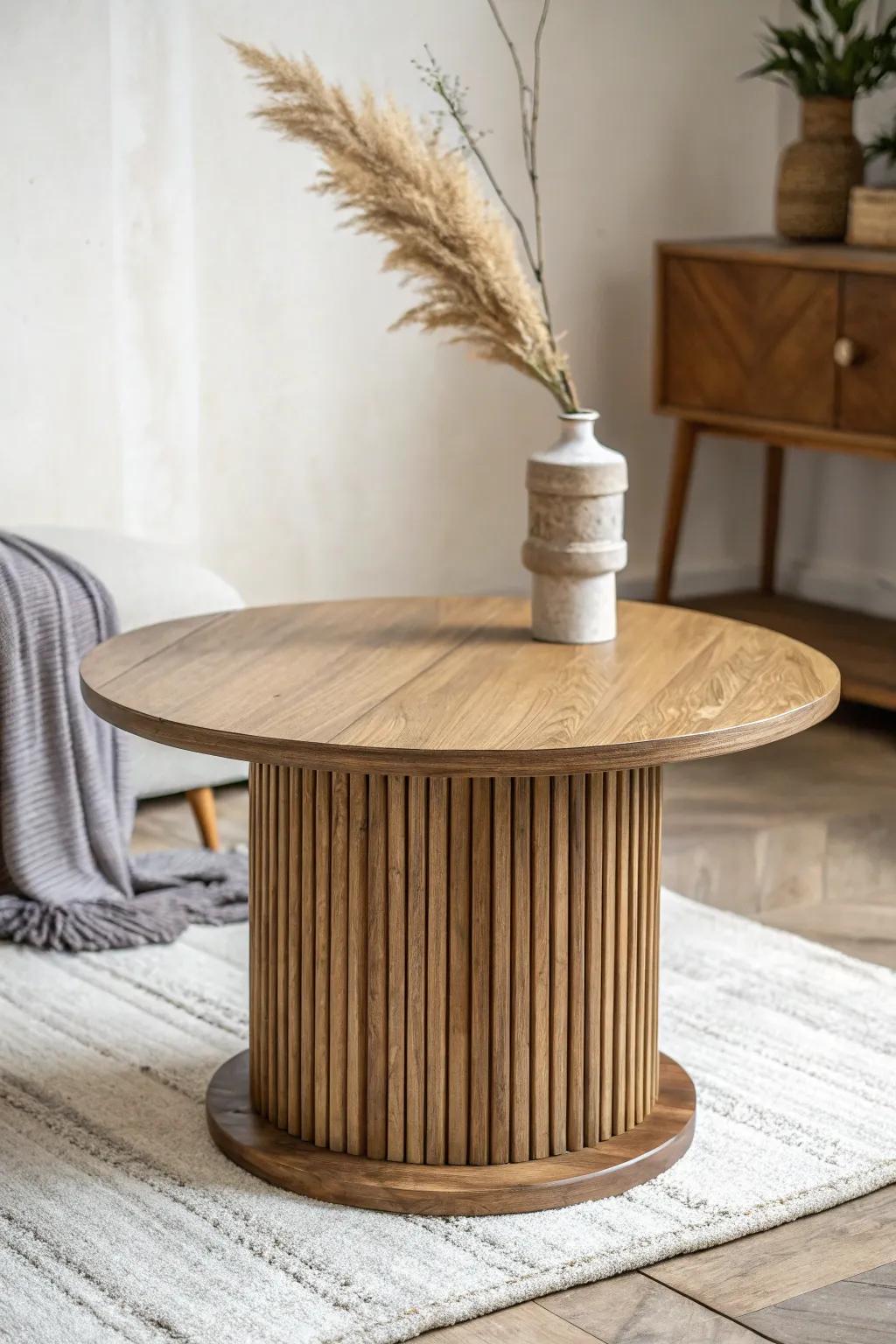 Light oak top + deep walnut fluted base—an easy contrast trick that adds depth without clutter.