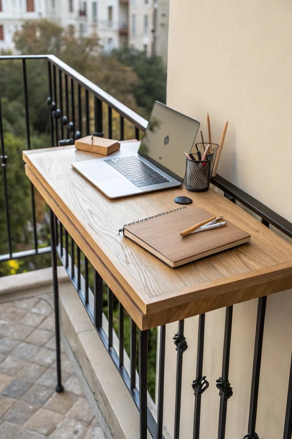 A slim oak folding desk hooks over your railing—turning unused space into a calm work perch.