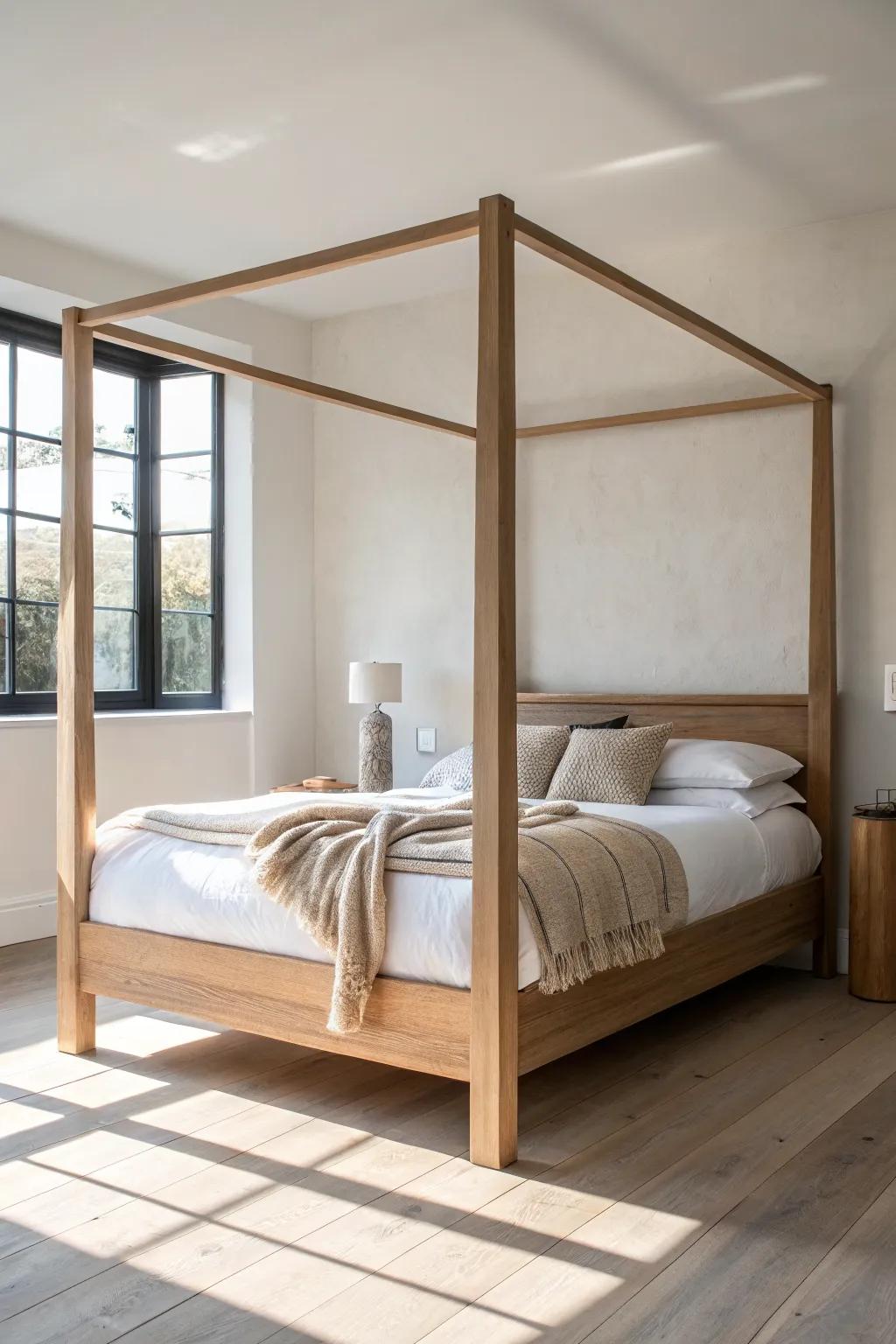 Short-post four-poster bed: big character, airy walkways—perfect for small bedrooms.