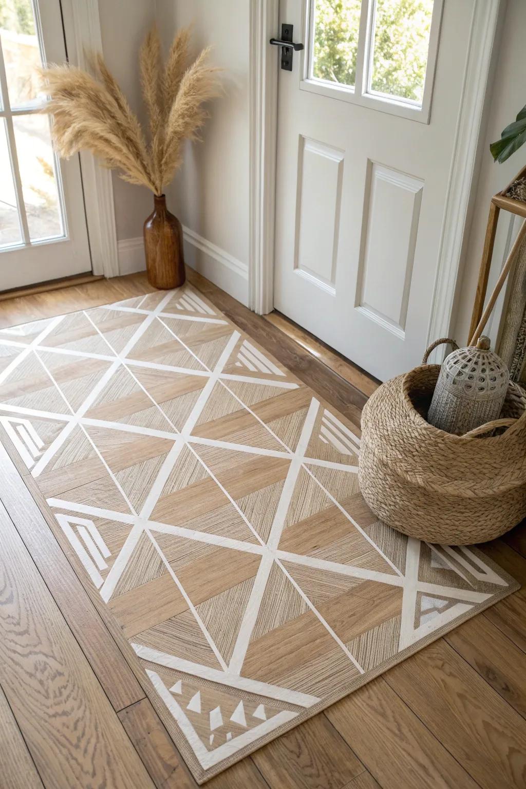A budget-friendly stenciled pattern that transforms your wood foyer floor—simple, modern, durable.