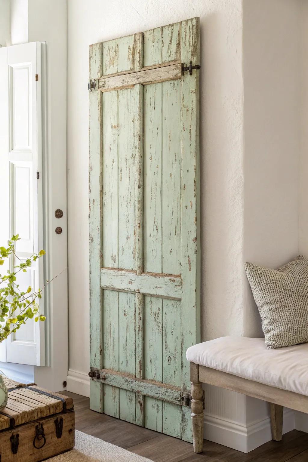 Reclaimed French shutters add instant patina and textured charm to a calm entryway.