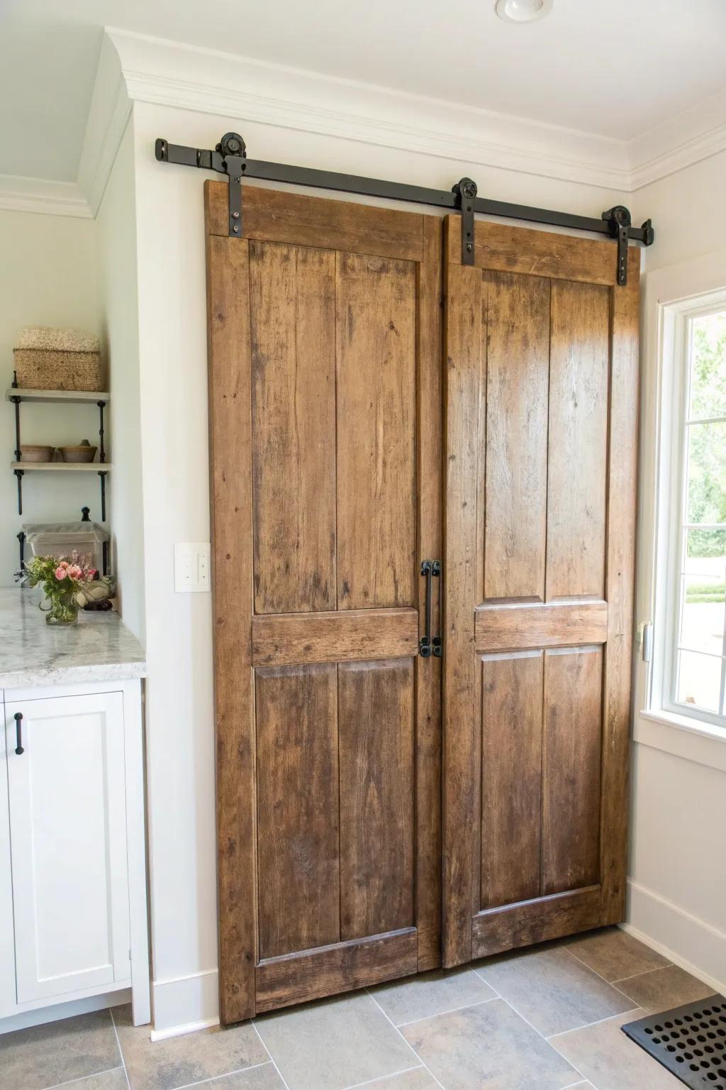 A salvaged door slider adds patina and charm—French country laundry room, instantly elevated.