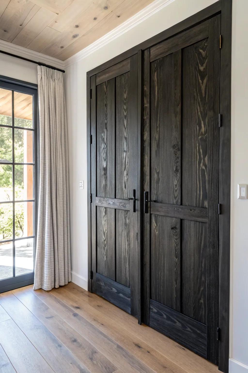 Charred-black French doors with crisp white trim—bold contrast, artisanal grain, calm Nordic style.
