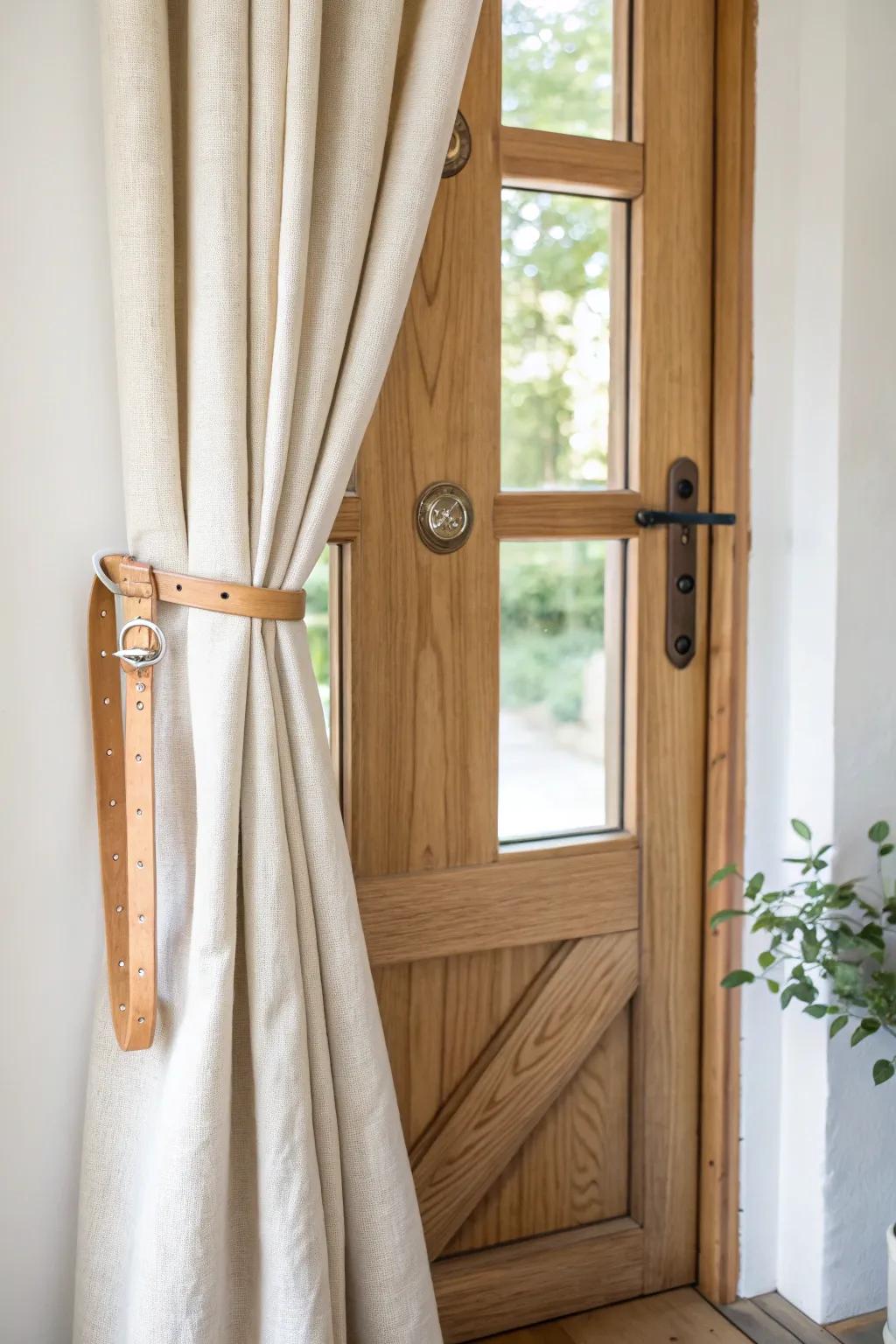 Short linen door curtain with a tan leather strap holdback—tidy, warm, and handcrafted.