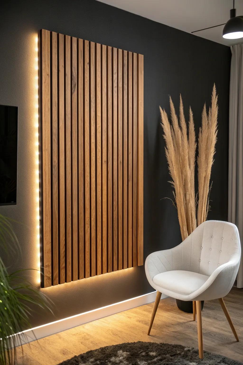 Warm backlit wood slats turn a gaming desk into a cozy, studio-style feature wall.