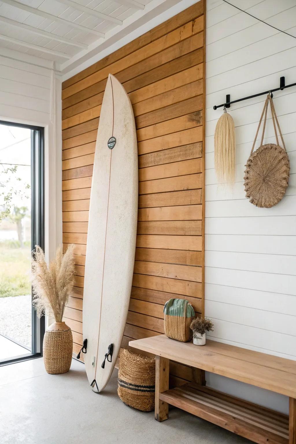 Turn one surfboard into a chic garage gallery wall with warm wood planks and clean lines.
