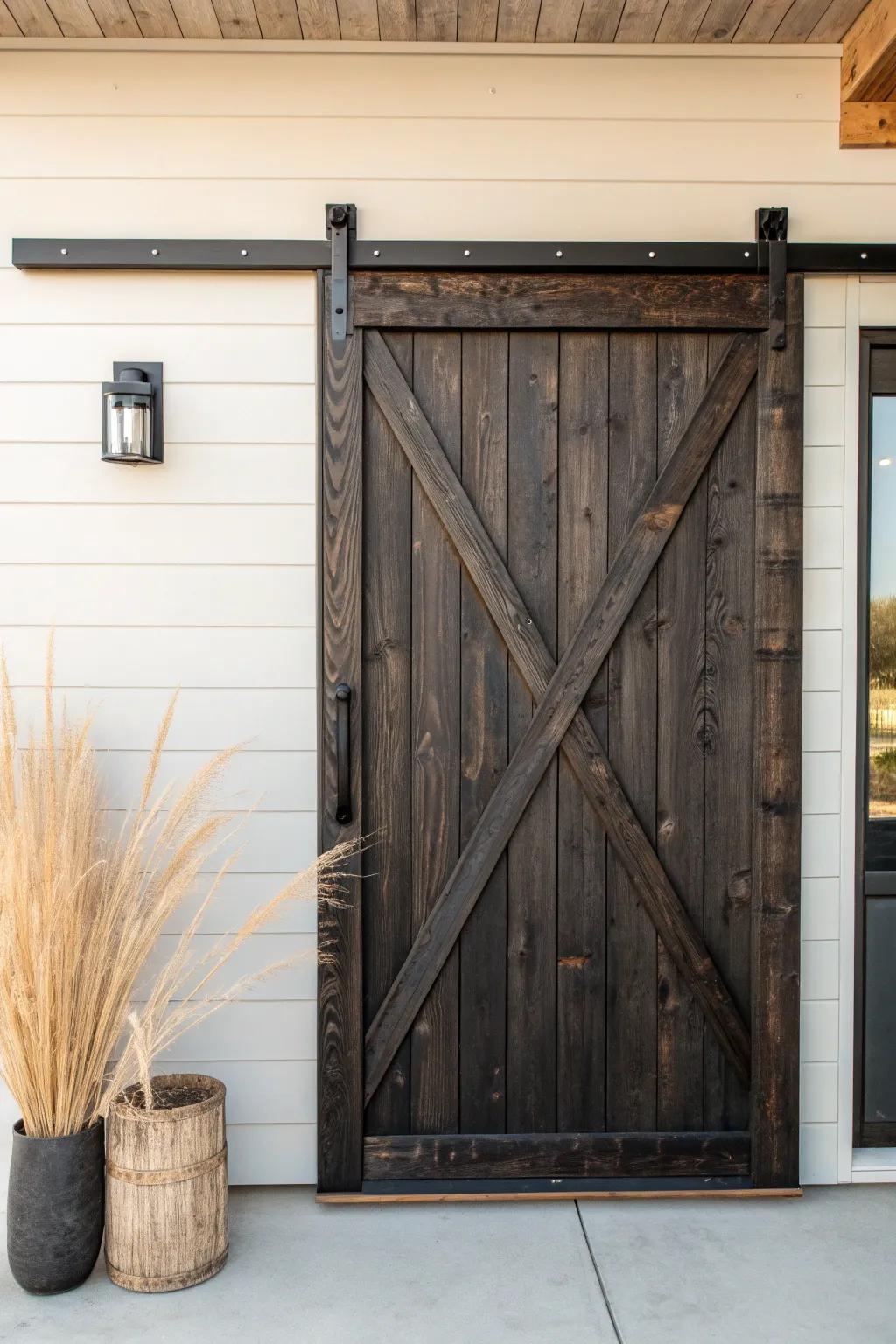 Charred wood barn door with bold texture—moody, weather-ready, and beautifully handcrafted.