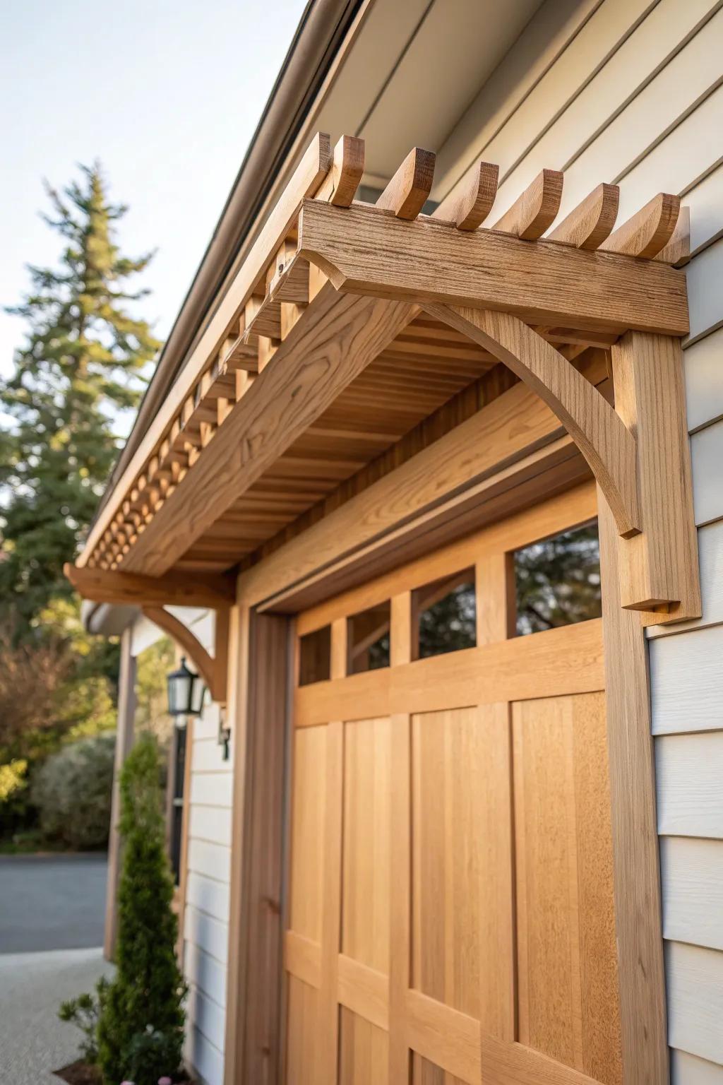Mini pergola wood header adds depth and a custom, handcrafted look to any garage façade.