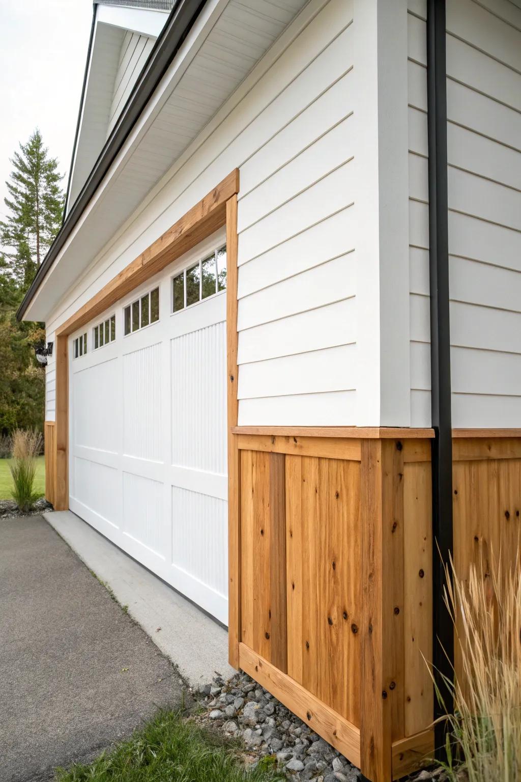 Half-height side trim with chunky base blocks—an unexpected, custom garage door frame.