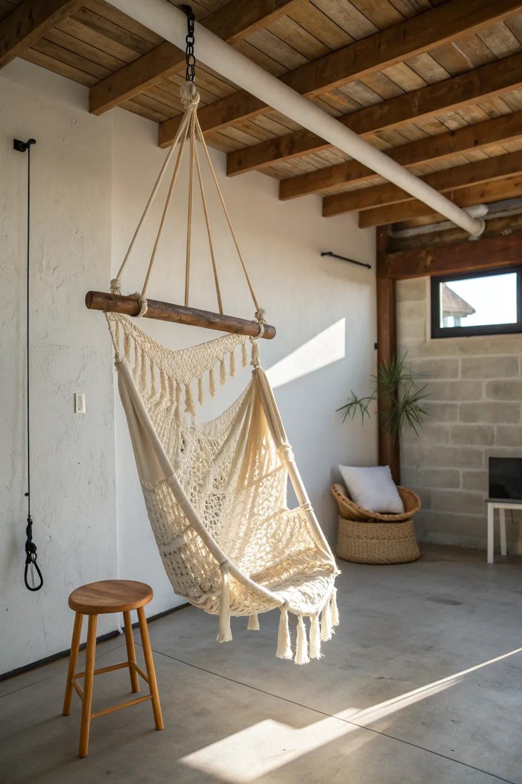 A cozy hammock chair anchored to a sturdy ceiling joist—instant garage lounge with artisan style.
