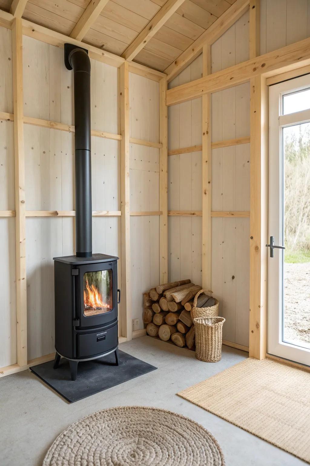 A cozy mini “stove room” nook—cabin warmth inside the garage, clean and minimalist.