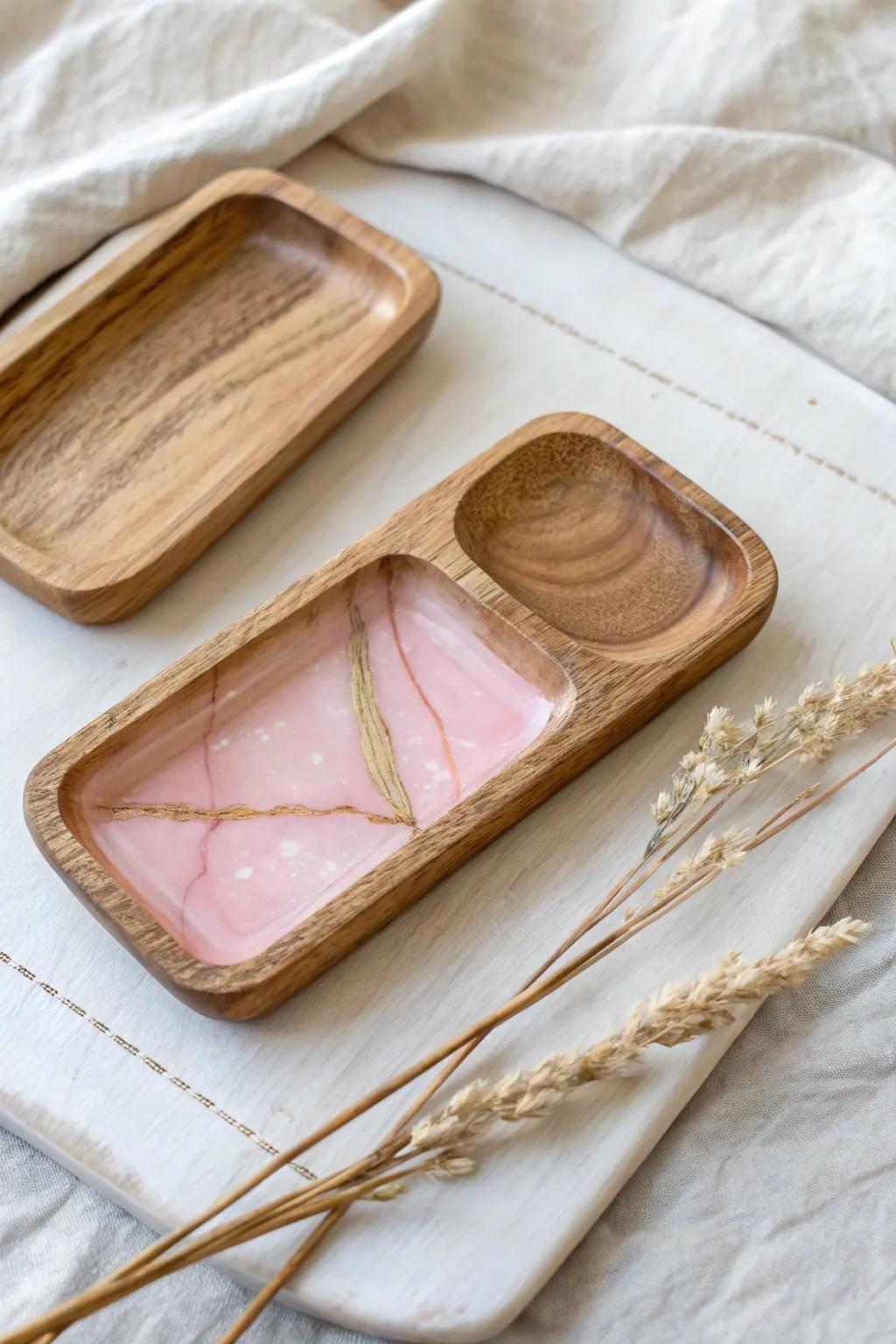 Resin-and-wood trinket tray set: blush inlay meets pale oak for functional art.