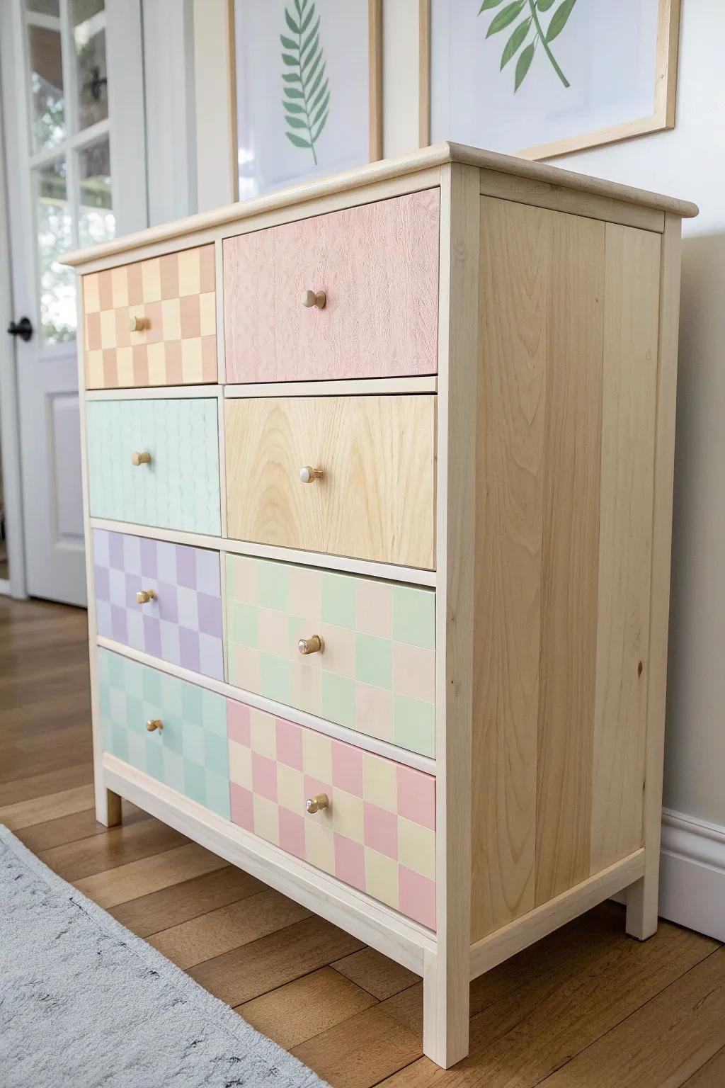 Pastel rainbow checkerboard drawers turn a simple wood dresser into playful room art.