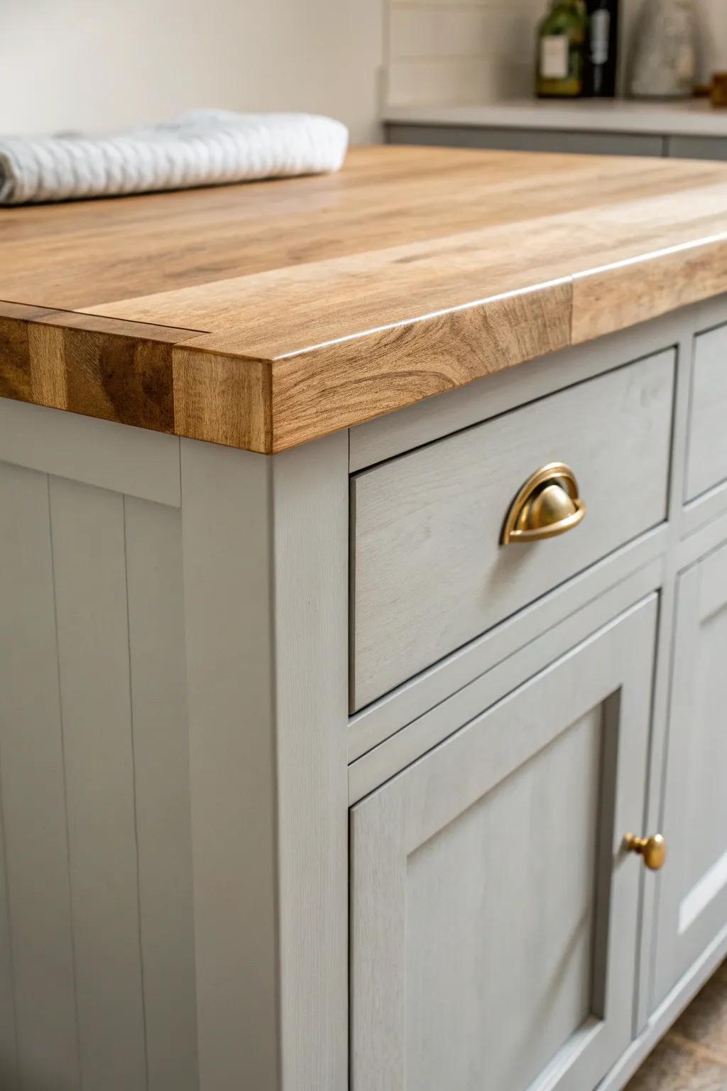 Matte gray cabinets meet a warm butcher block top—simple, cozy, and beautifully handmade.