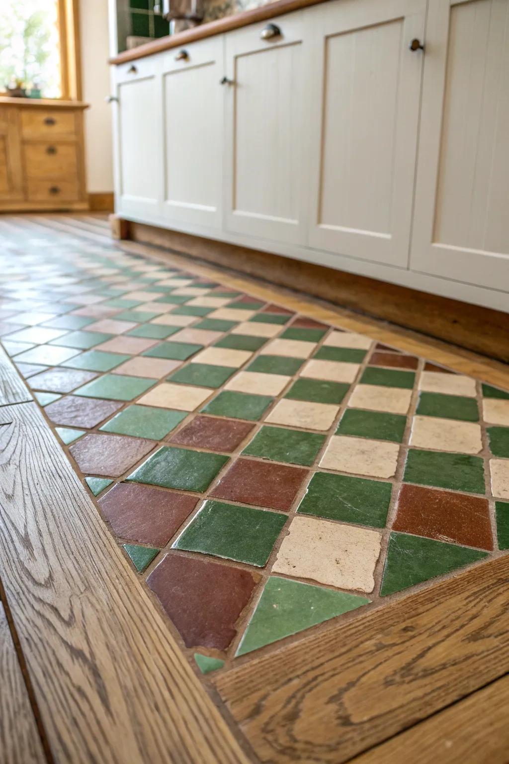 Green and brown checkerboard flooring—an artsy statement that warms a minimalist kitchen.