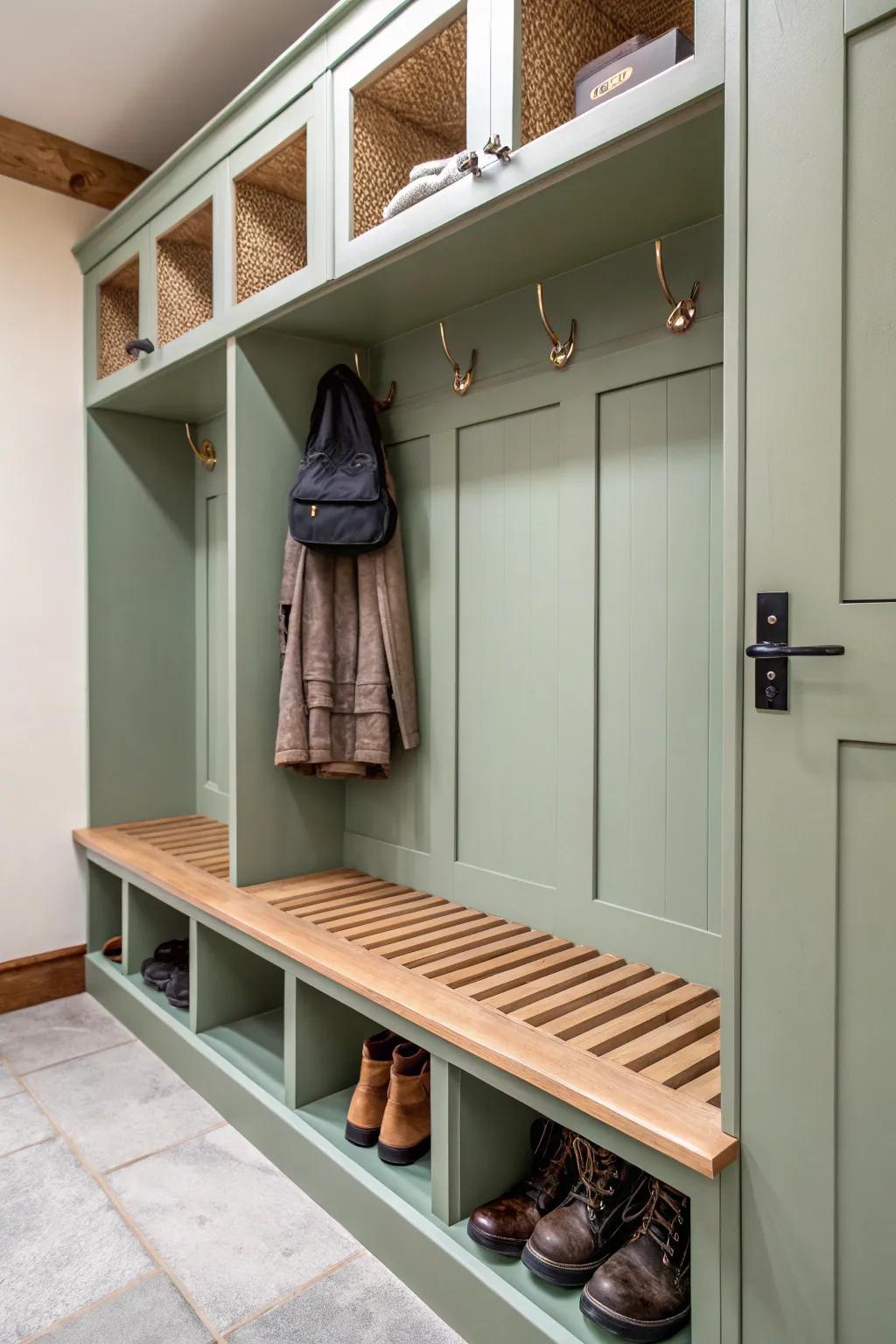Sage-green mudroom luxury: a built-in oak boot drying rack that keeps wet days tidy.