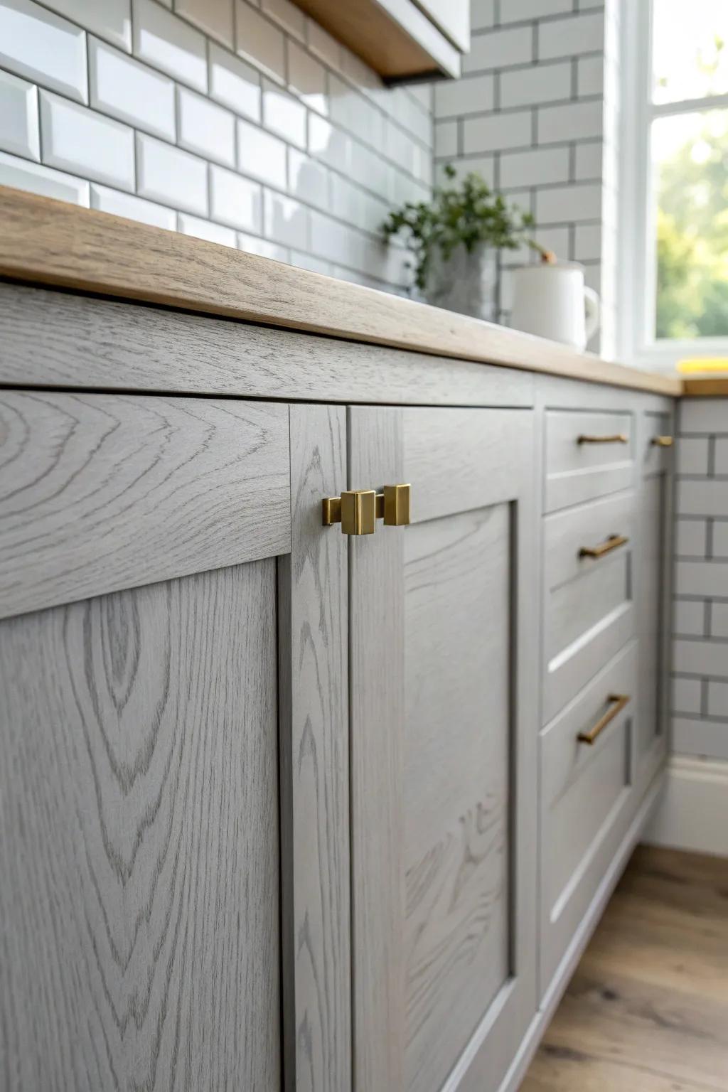 Soft gray shaker cabinet against white tile, bold gray grout lines for crisp, calm contrast.