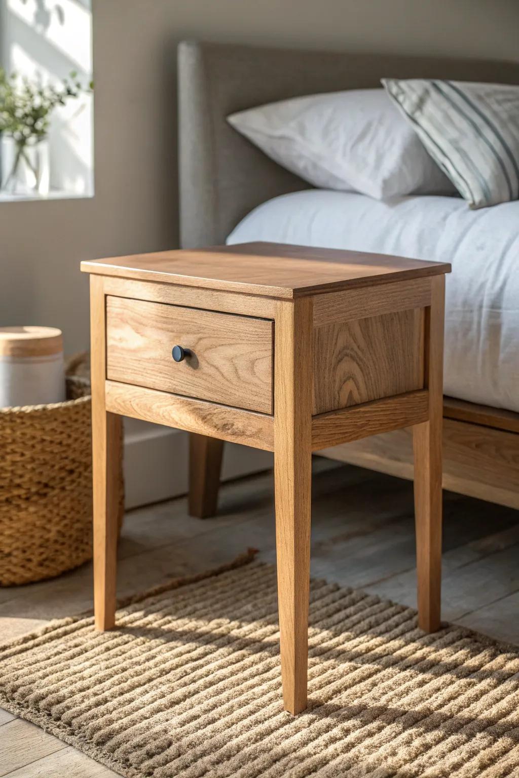 Greige calm meets warm oak grain—one handcrafted nightstand for cozy, modern contrast.