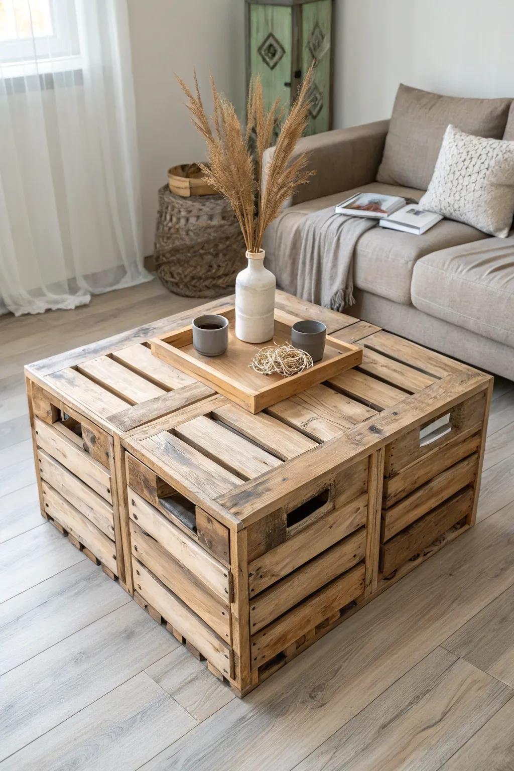 Upcycled crate coffee table cluster—warm rustic wood contrast on sleek gray floors.