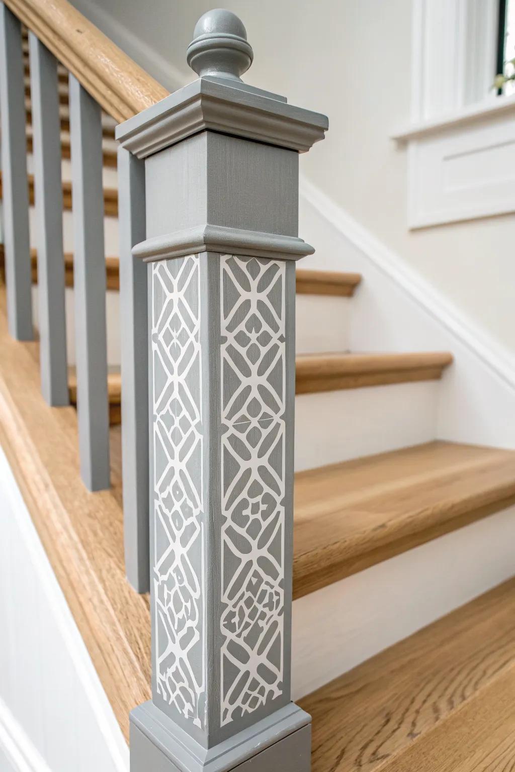 Two-tone geometric stencil turns a gray newel post into a subtle, artsy stairway focal point.
