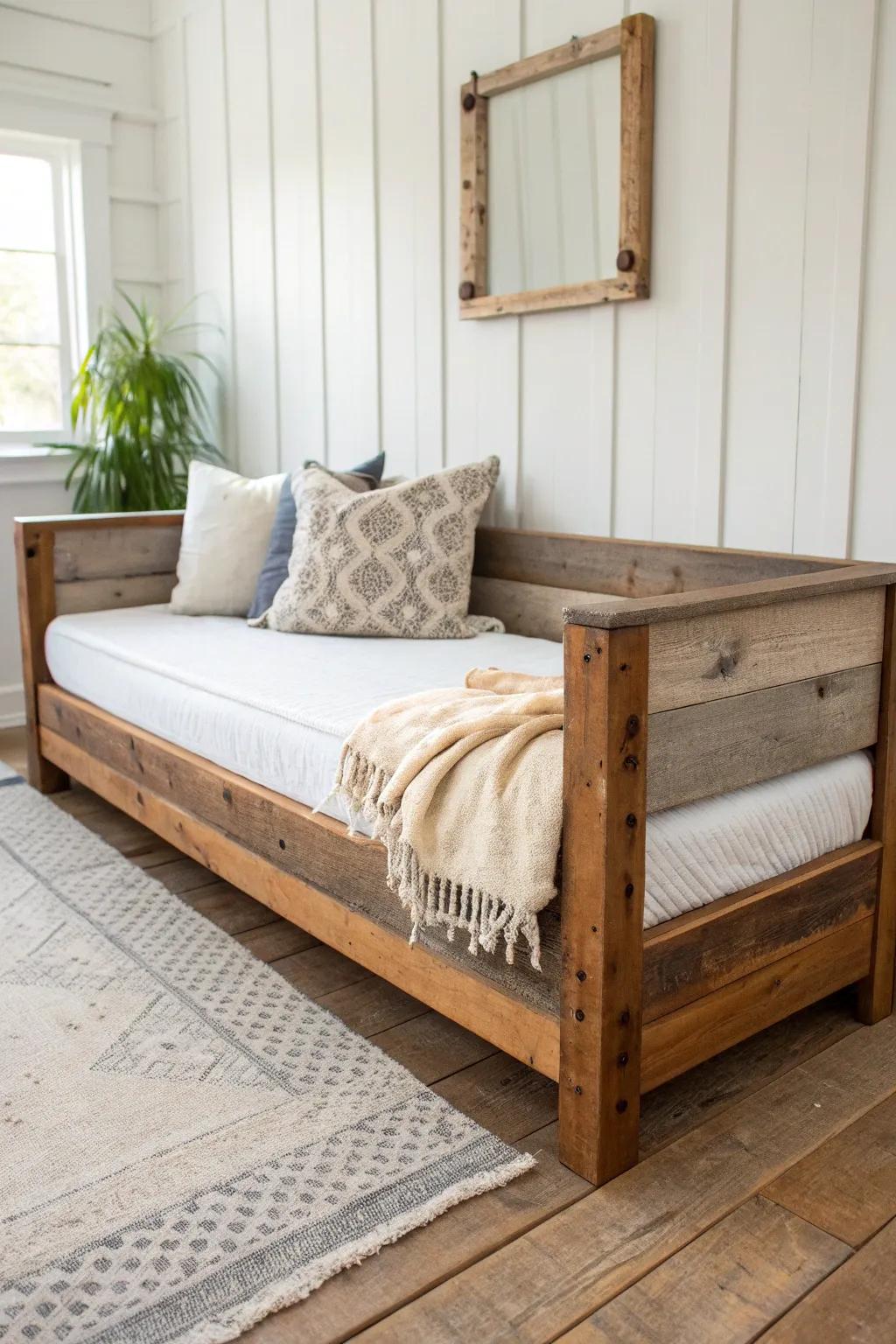 Reclaimed-wood daybed with mismatched patina—simple clear seal for a guest room with soul.