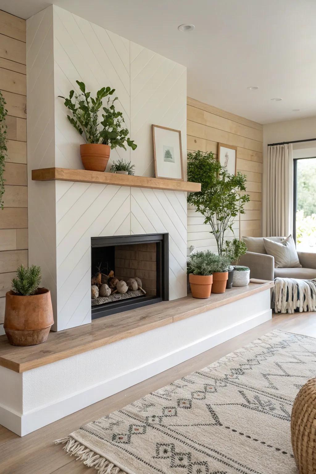 Half wall fireplace with a planter ledge—warm wood, crisp contrast, and calming greenery.