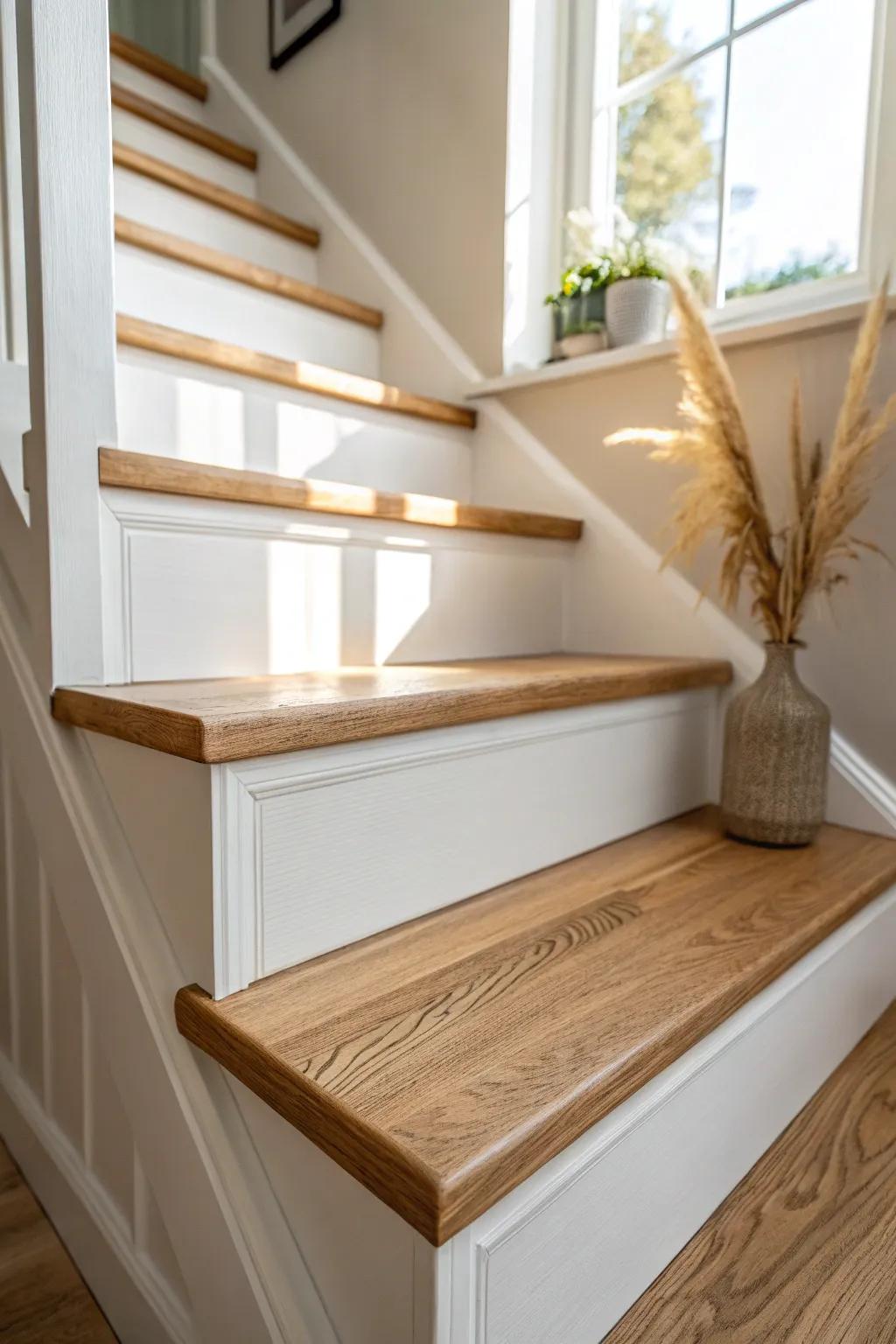 Paint risers a shade lighter than treads for a clean, subtle contrast that makes wood pop.