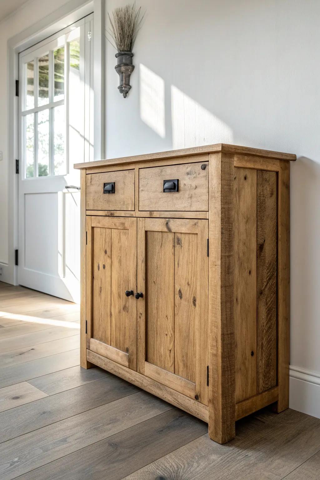 Warm reclaimed wood cabinet with rustic grain—an instantly welcoming hallway focal point.