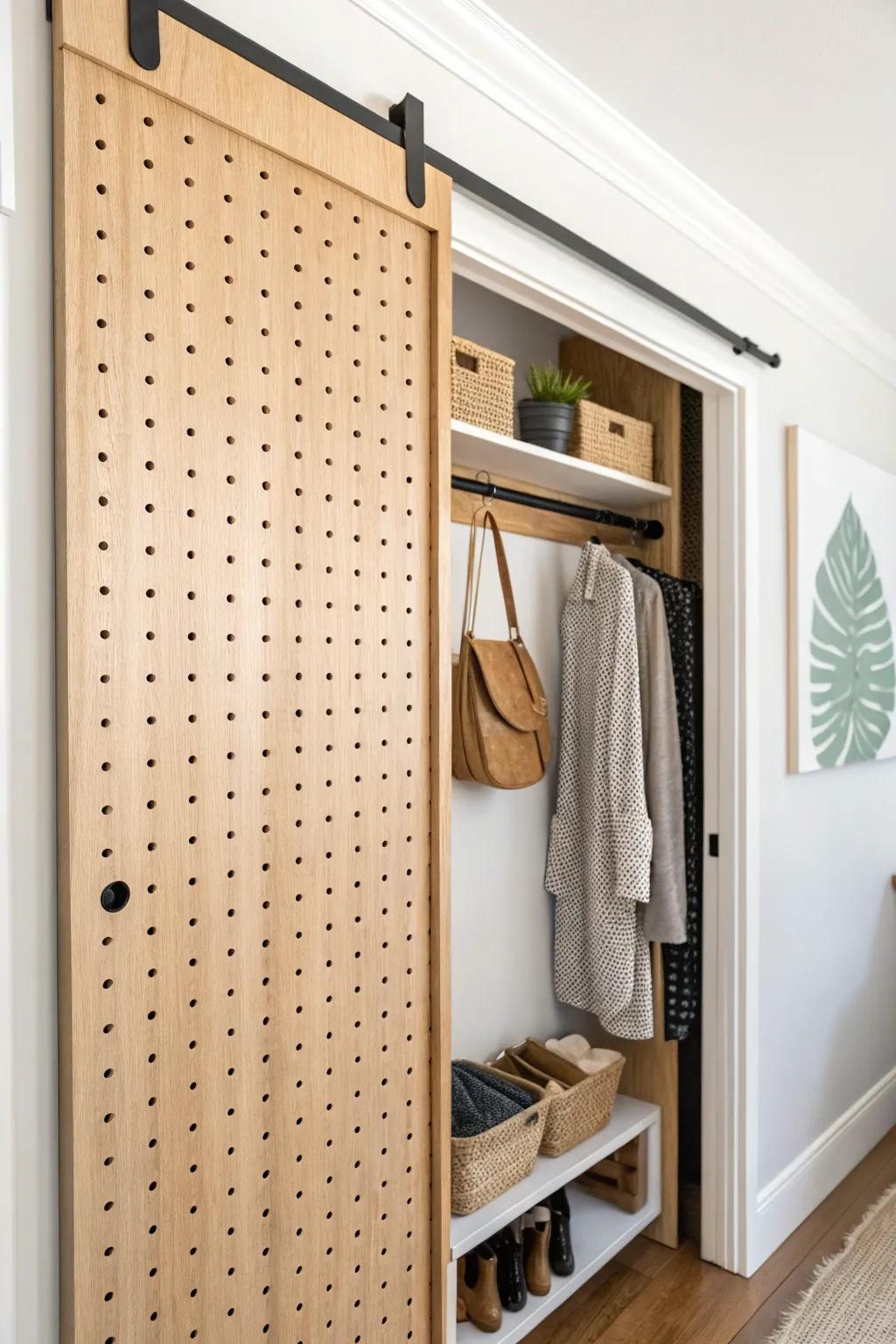 Space-smart sliding pegboard panel—warm wood storage that hides and reveals with ease.