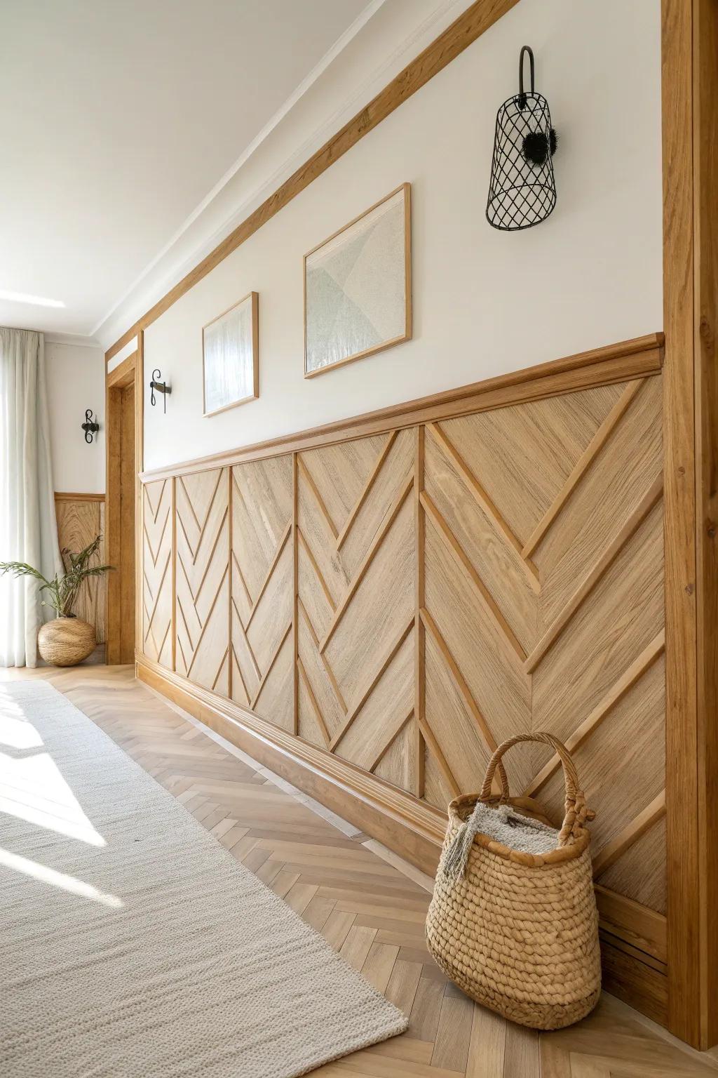 Diagonal picture frame molding in warm oak adds instant hallway energy—minimal yet bold.