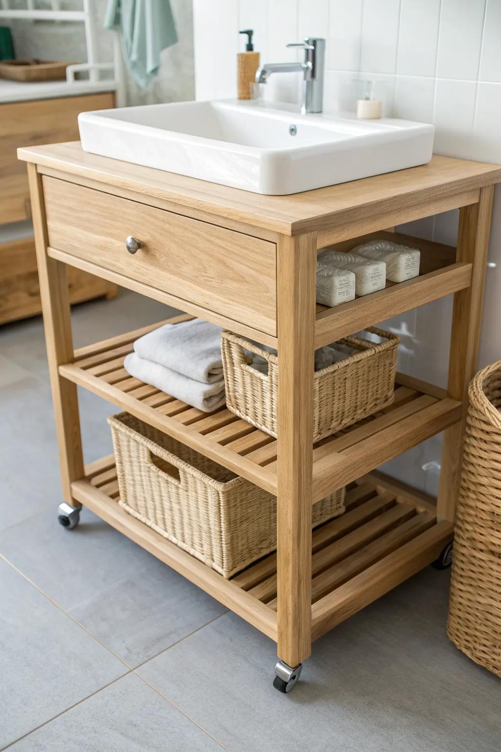 A roll-away under-sink cart keeps an accessible vanity open while adding hidden storage.