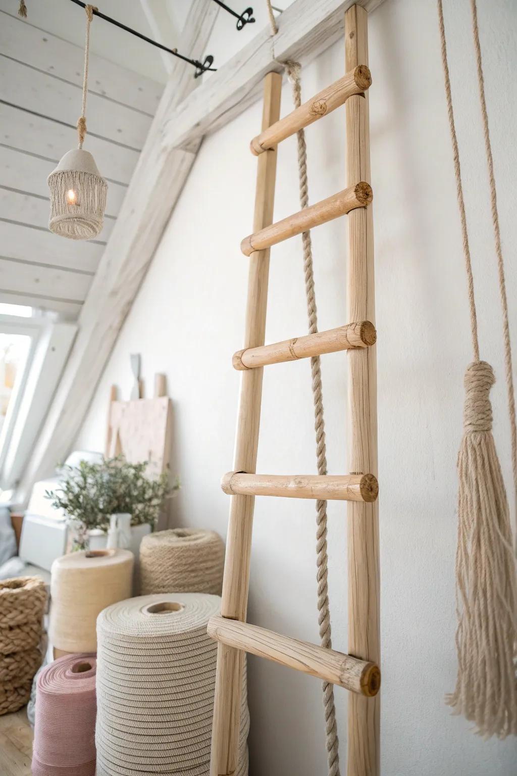 A ceiling-hung wooden ladder turns ribbon and yarn into tidy, beautiful craft-room storage.