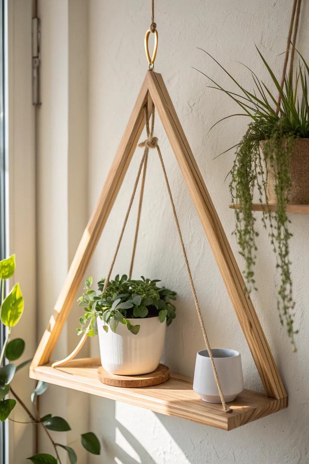 Geometric hanging shelf: a simple oak frame that turns one plant into wall-art perfection.
