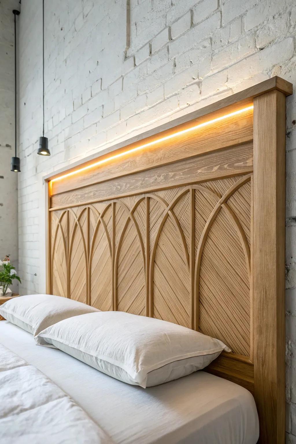 Routed oak grooves with diffused LED tape—soft, sculptural glow that feels custom and warm.