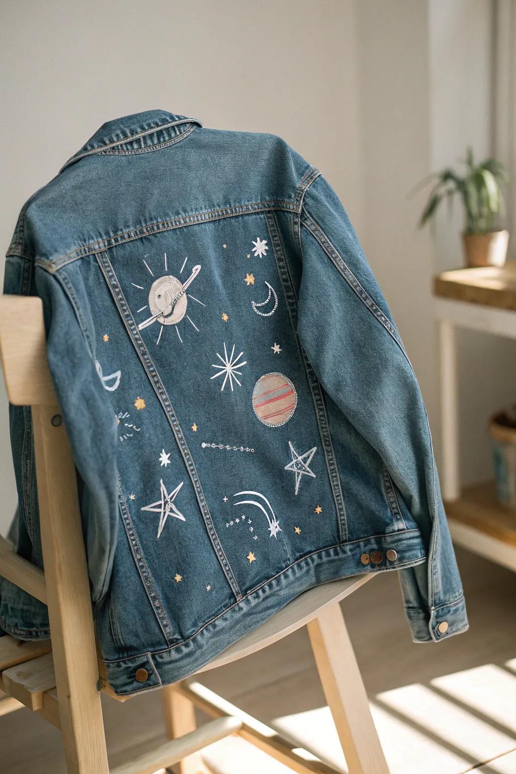 Elevate your style with cosmic-themed HTV patches on denim. 🌙✨ #CraftedBeauty