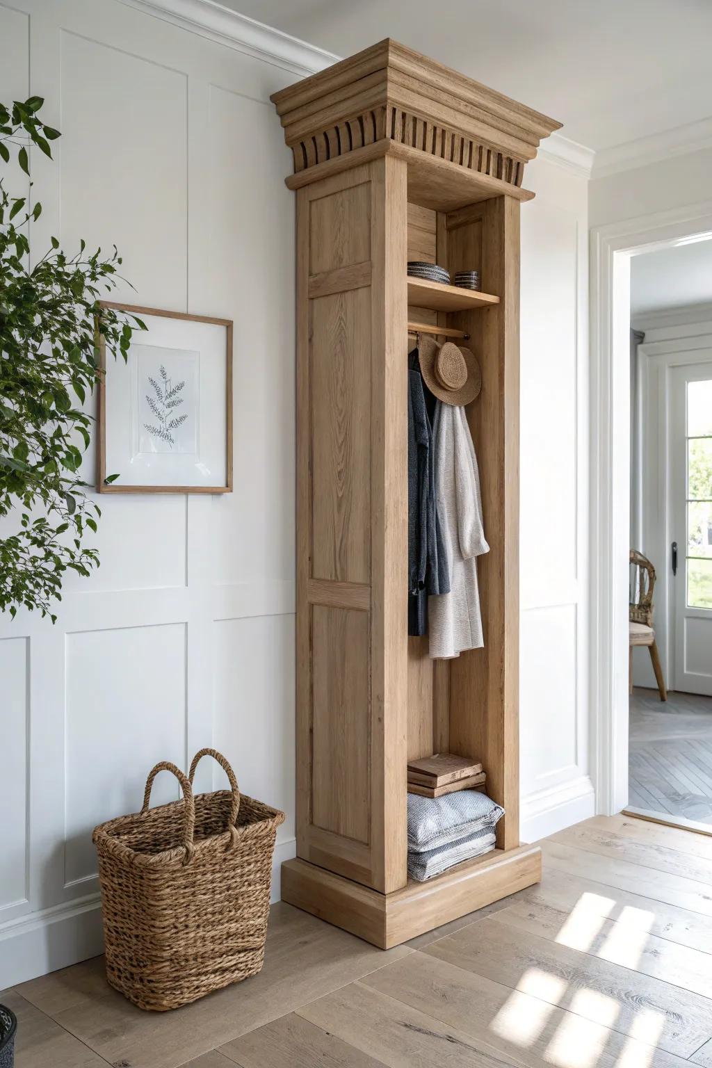 A secret wall column that opens to reveal sleek vertical coat storage—clean, cozy, and clever.