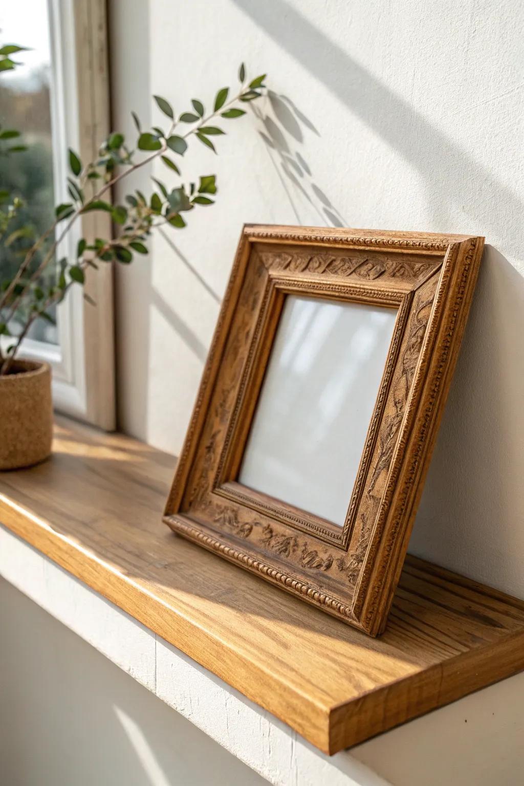An empty vintage frame on a high shelf adds layered charm—simple, calm, and collected.