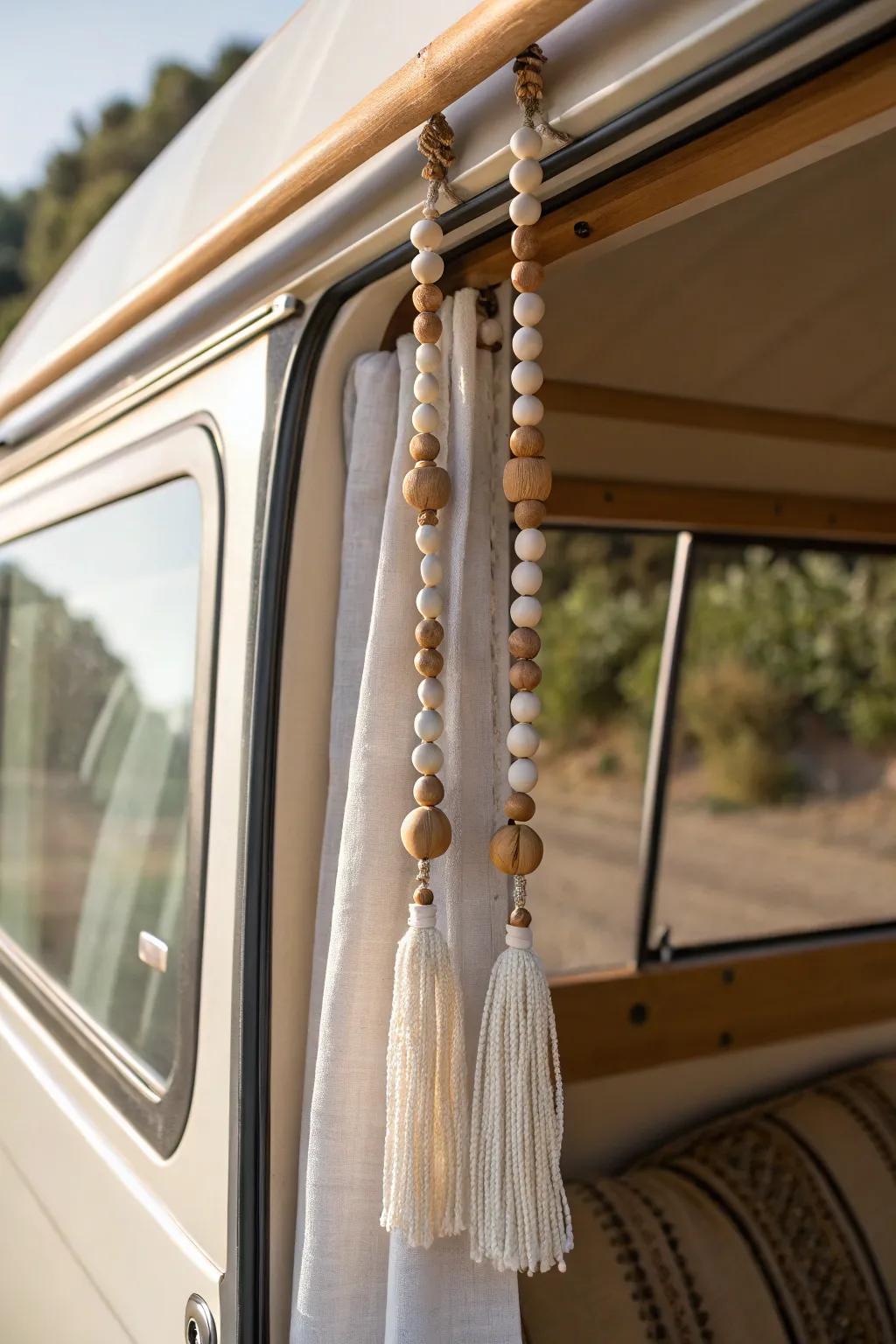 A beaded curtain on a slim oak valance—privacy, breeze, and boho charm at the rear doors.