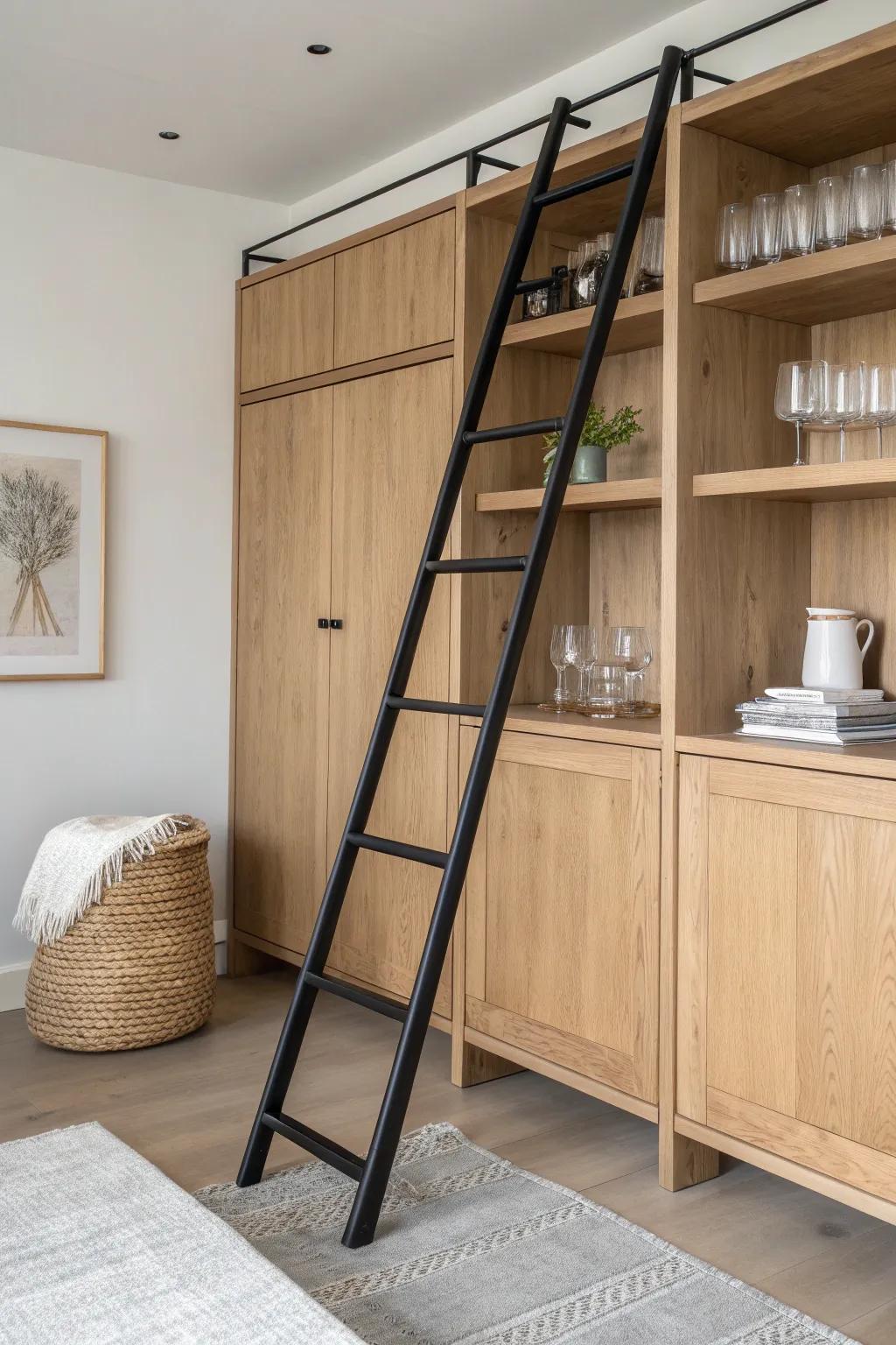 A sleek sliding ladder turns tall back bar shelving into a practical, sculptural showpiece.