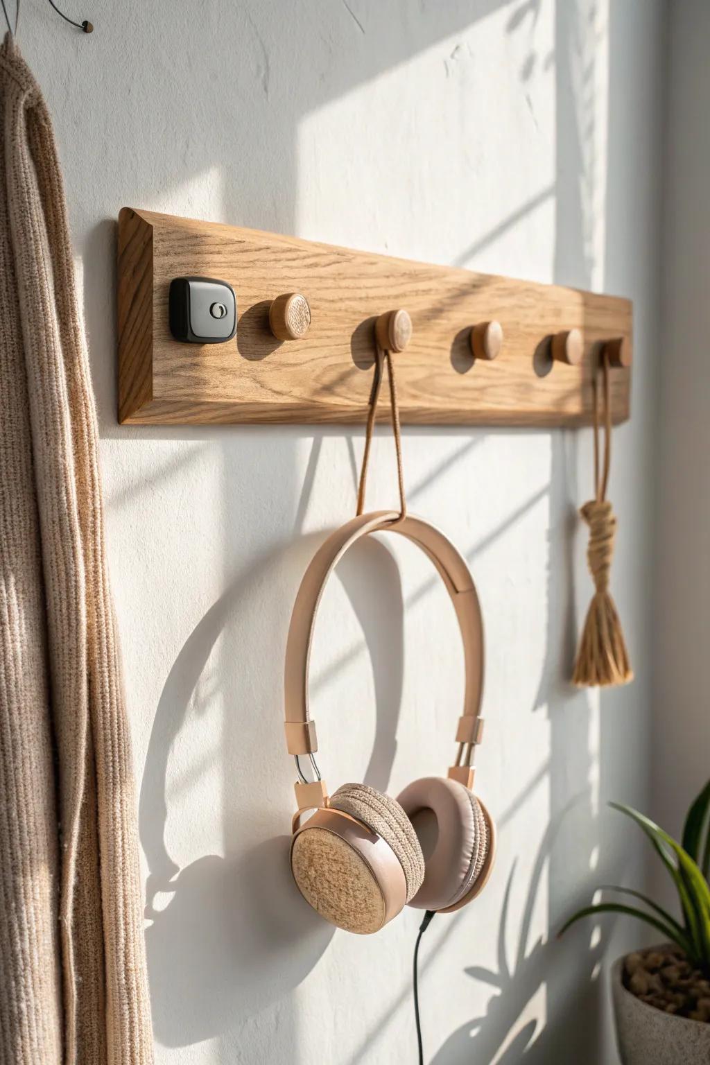 A simple oak peg rail keeps headphones handy—pretty, practical, and quietly farmhouse chic.