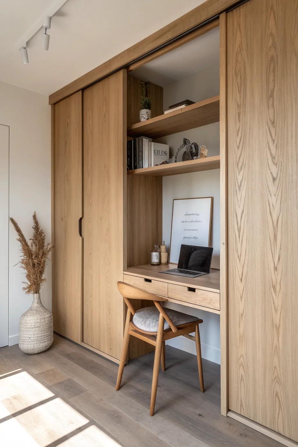 A light-oak cloffice with sliding doors—close it to clock out, open it to create calm focus.