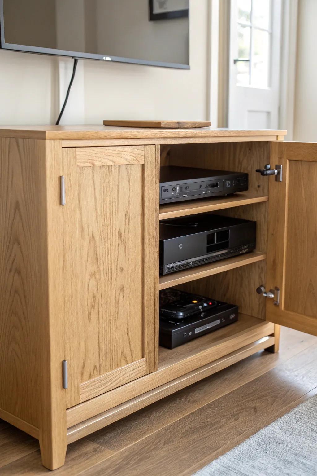 Pull-out tray shelves make AV ports easy to reach—no crawling, just smooth access.