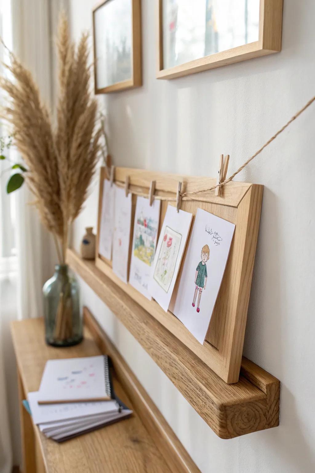 Turn homeschool papers into a mini gallery with a handmade oak picture ledge.