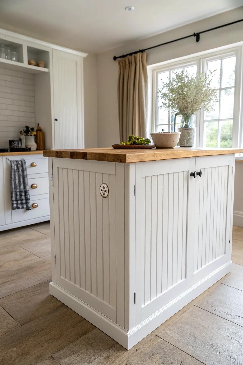 Beadboard brings instant warmth—simple vertical lines that make a neutral kitchen feel homey.