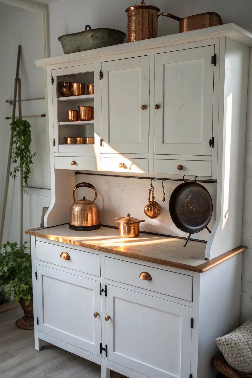 Copper glow meets cast-iron depth—timeless Hoosier cabinet styling with curated contrast.