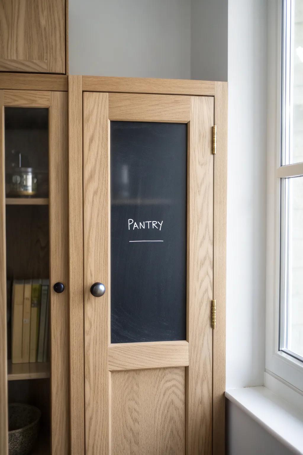 Turn a glass cabinet door into a sleek chalkboard window for notes and easy pantry labels.
