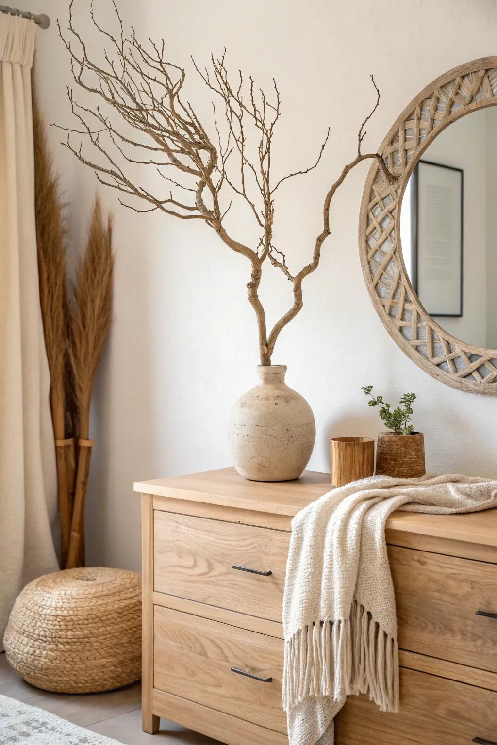 A sculptural branch in a rustic vase turns a simple oak dresser top into artful calm.