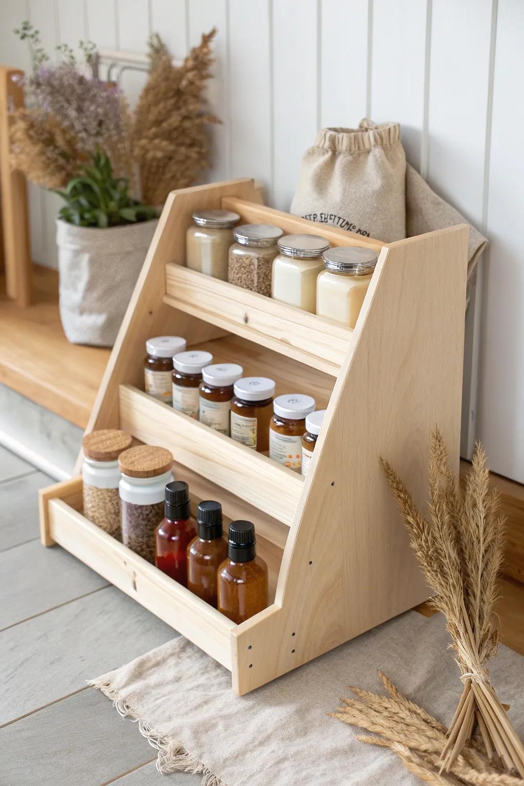 Slide-out stadium shelf: a simple plywood build that brings every spice jar into view.