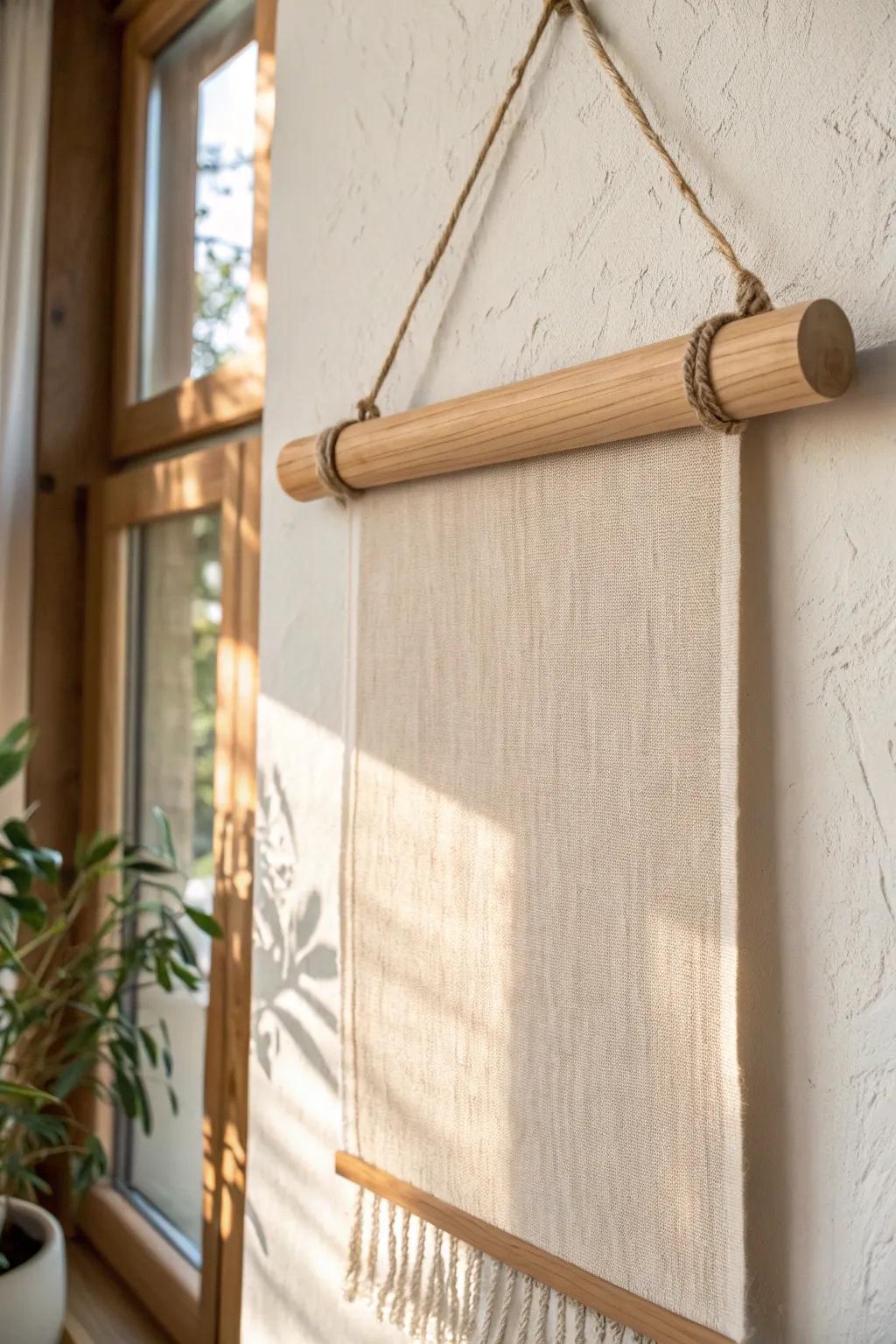 A simple oak dowel and soft linen hanging adds instant hygge warmth without visual clutter.