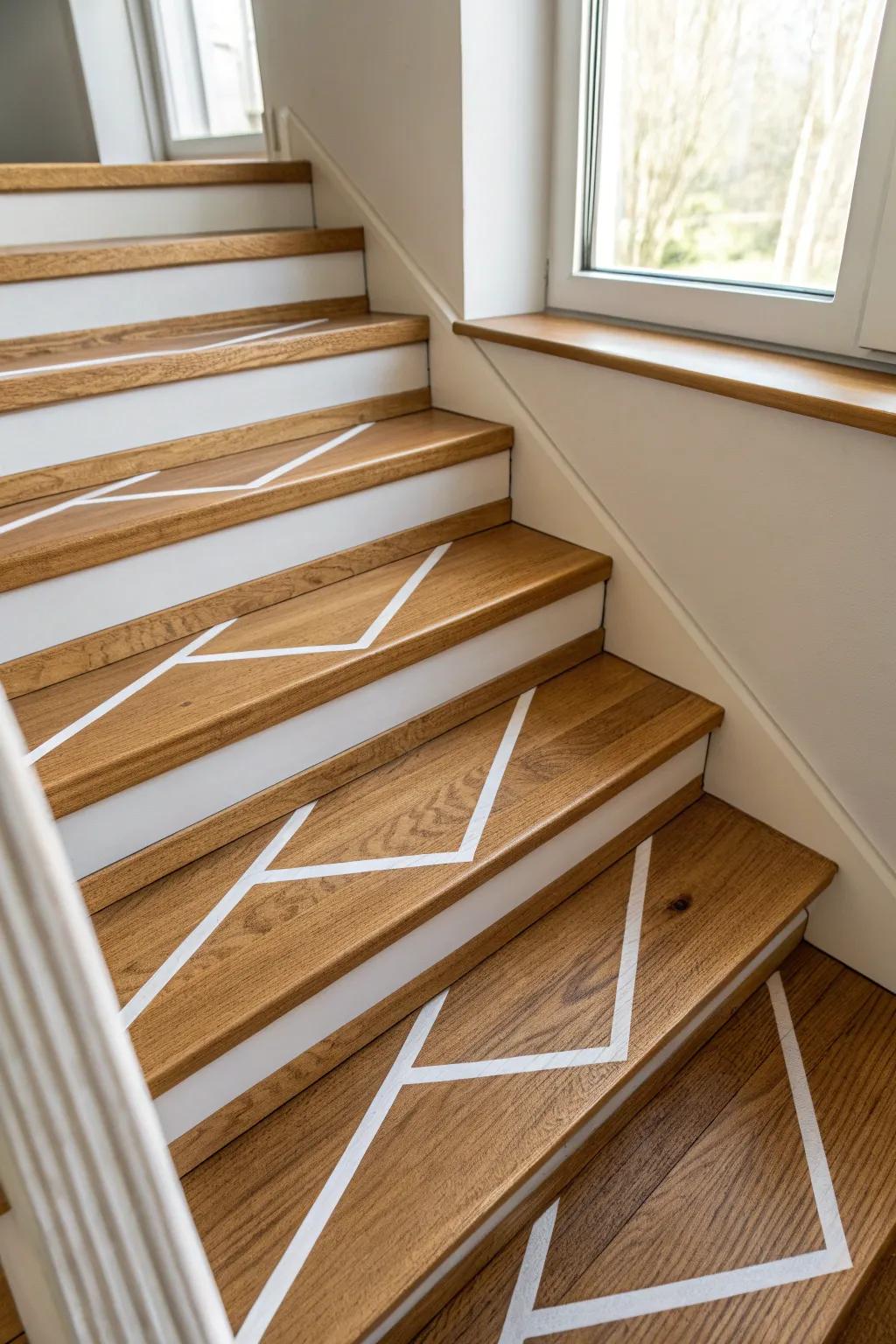 Crisp geometric tape stripes on oak treads—minimal, high-contrast, and beautifully practical.